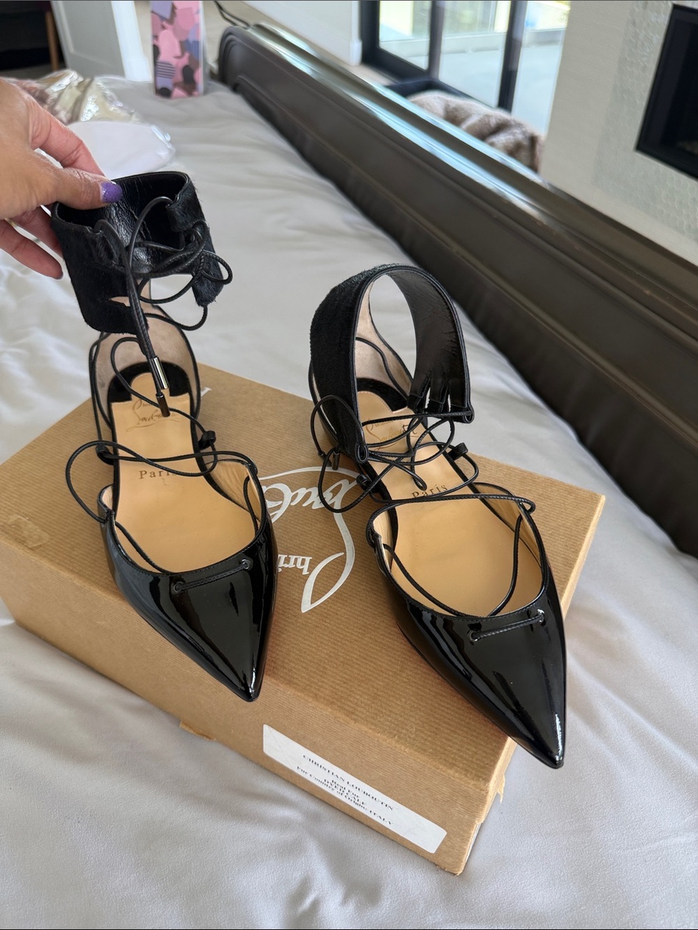 Christian Louboutin Black Patent Pointed Lace-Up Flats with Ankle Cuff
